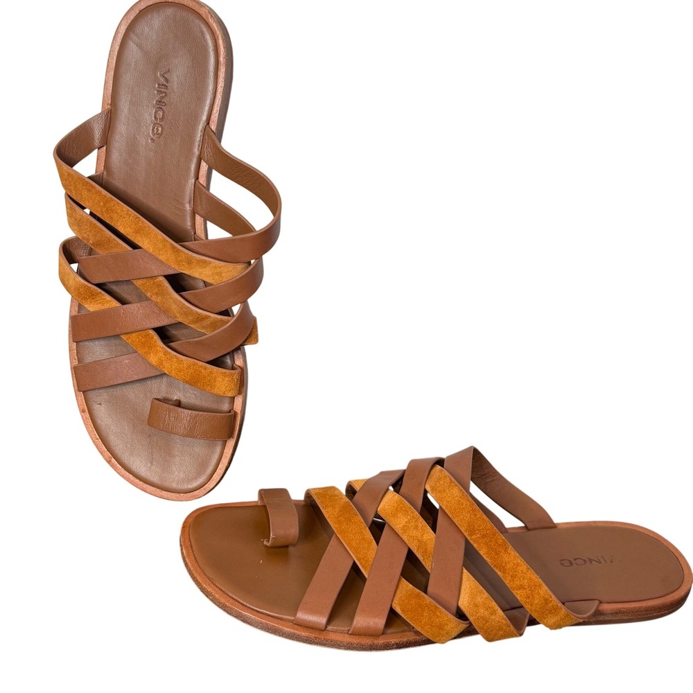 Vince Strappy Flat Sandals Womens 8.5 Brown Leather Suede Toe‎ Loop Slides